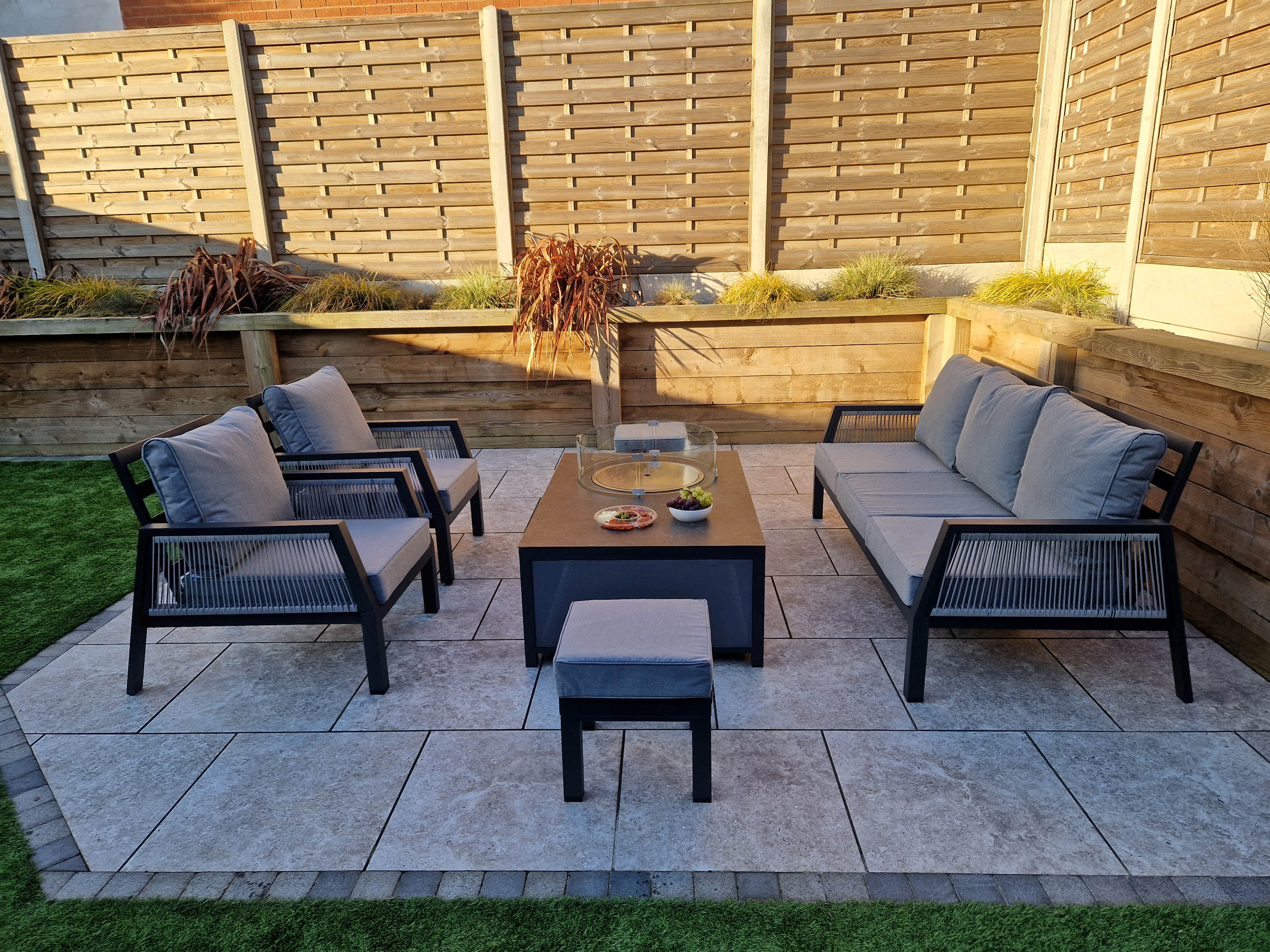 BETTINA  3 seat sofa + 2 armchairs & Gas fire pit table
