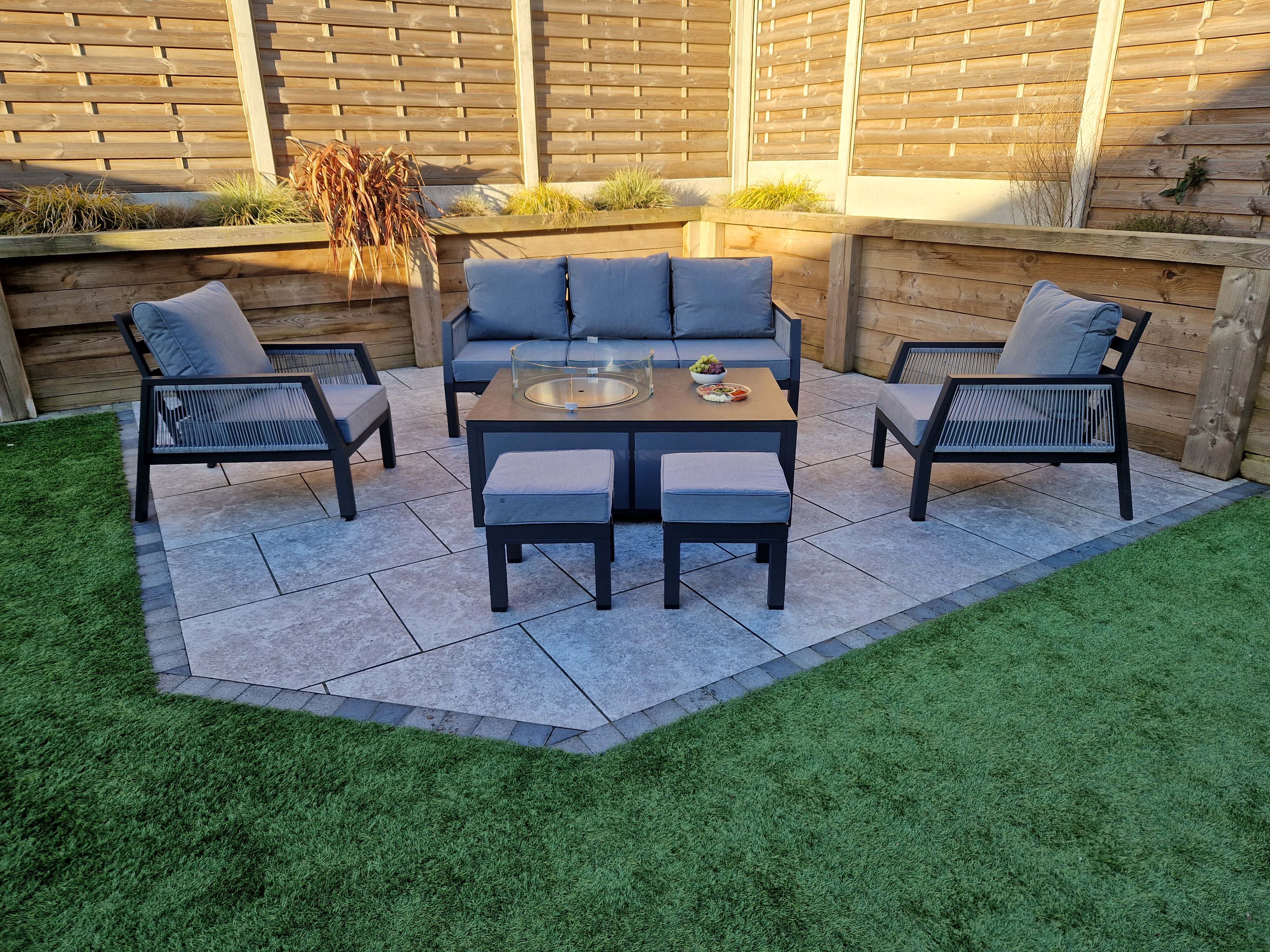 BETTINA  3 seat sofa + 2 armchairs & Gas fire pit table